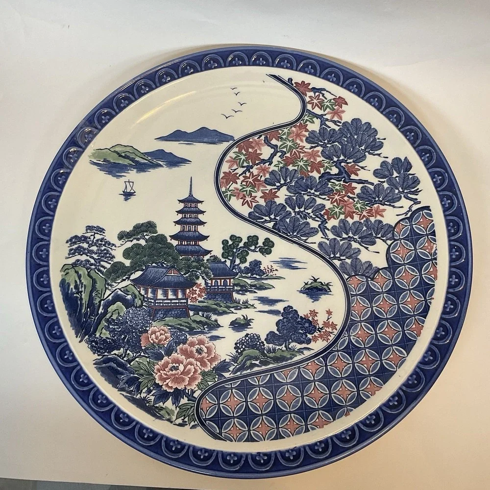 UCGC Japan Mid-Century ChinoiserieTransferware Pagoda Platter Oriental Garden 15